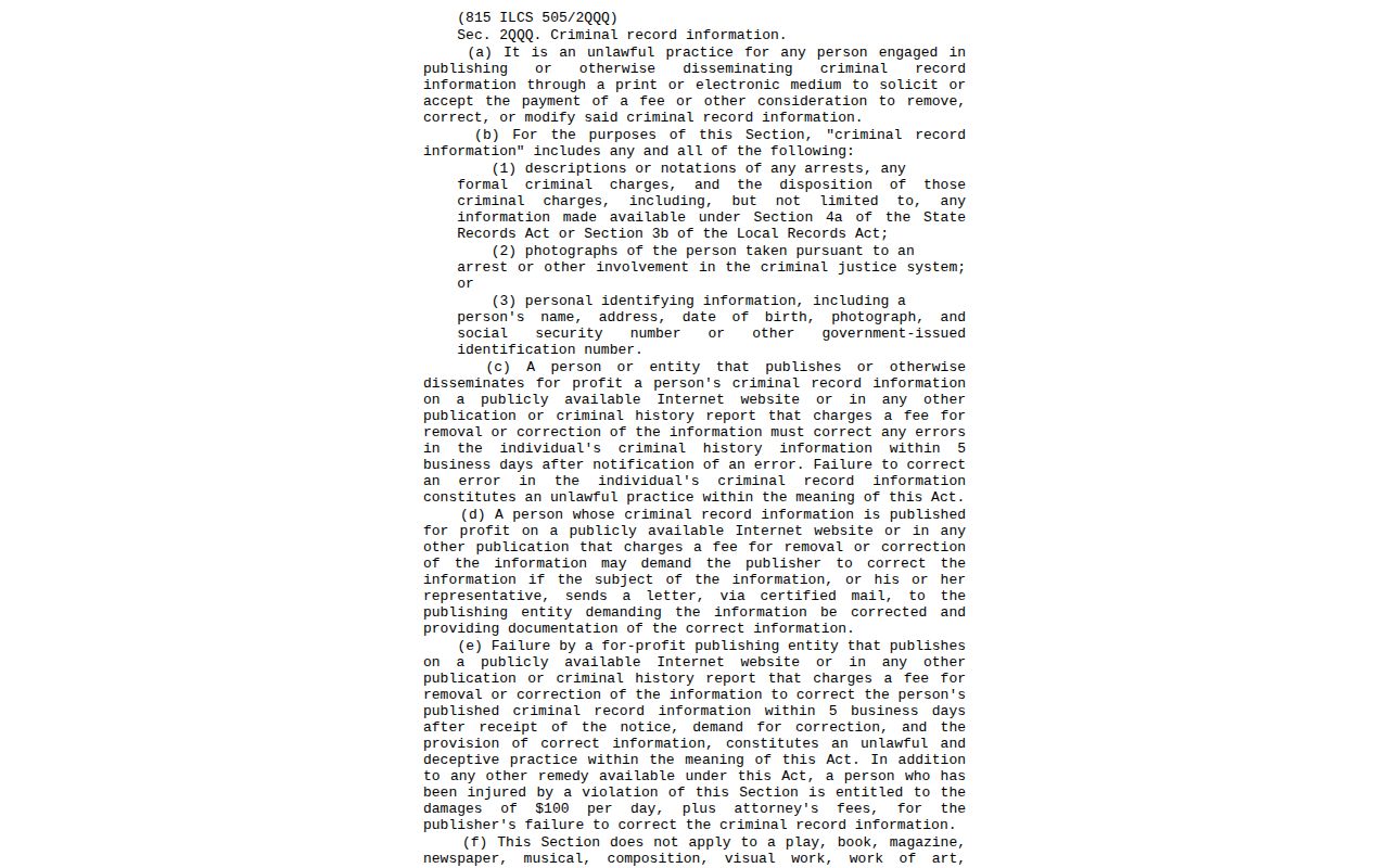 Illinois law prohibiting payment demands to remove covered criminal record information